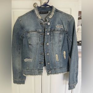 Distressed, unique, jean jacket